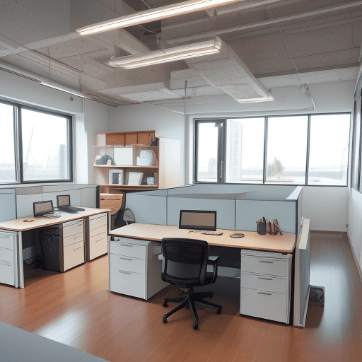 AI generated: Modern office space, workspace for 12 people, fishing decoration, small boats decoration, sailing de...