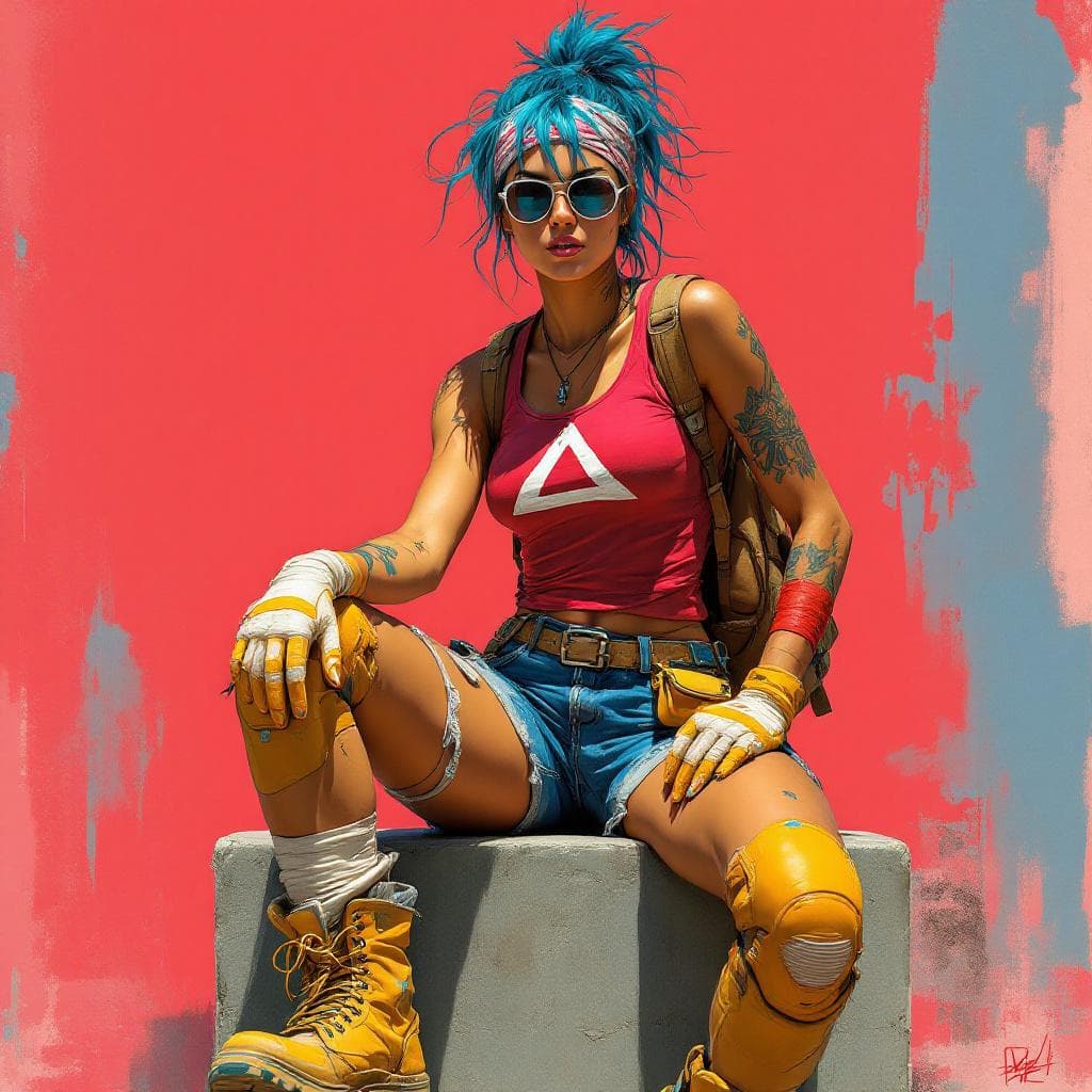 AI generated: full body shot of a confident, athletic woman sitting casually on a concrete block  near her. The ba...
