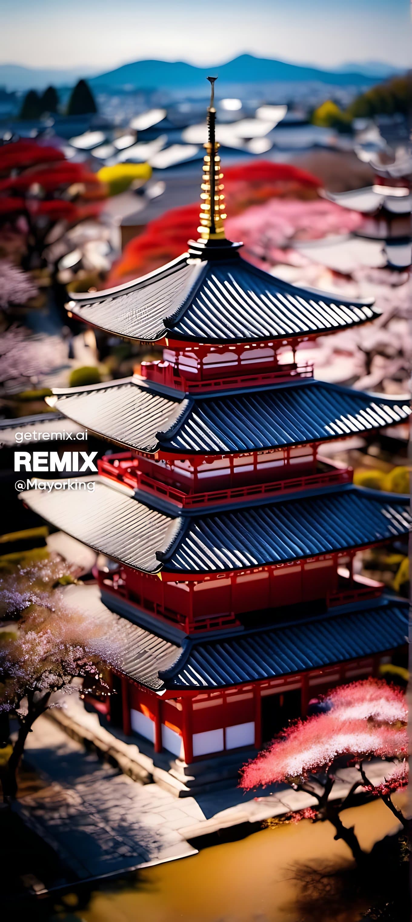 AI generated: Tilt - shift photography, Kyoto temple, spring time, Takumar 105mm f/ 2. 8 c 50, aerial view, sunris...