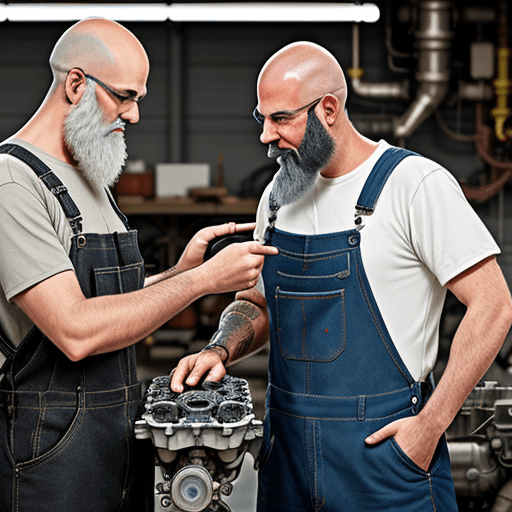 AI generated: one man with a black beard and shaved hair wearing an overall in a workshop inspecting an engine par...