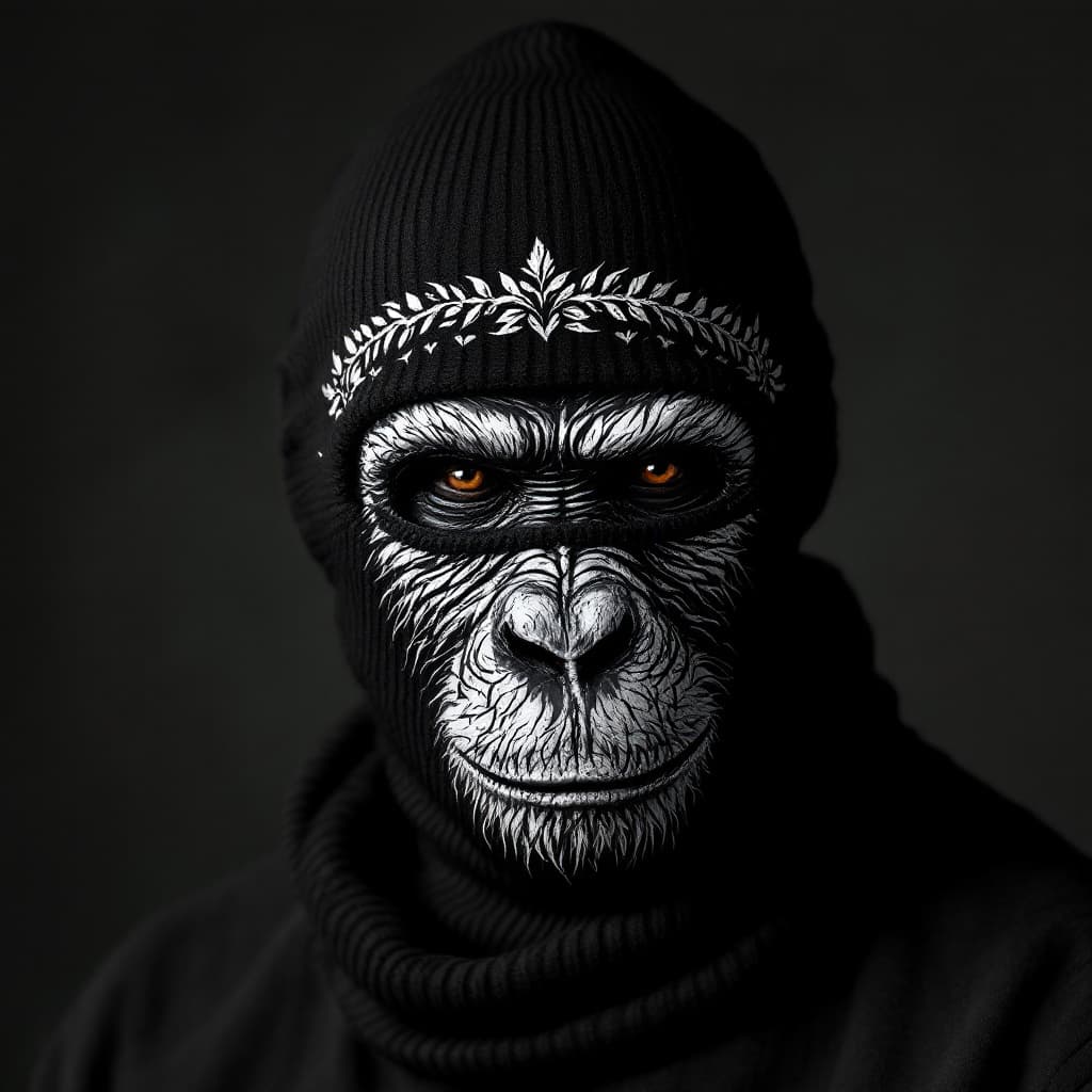 AI generated: a black ribbed knit baklava skimask painted with a flat inked chimpanzee face illustration on it. 
c...