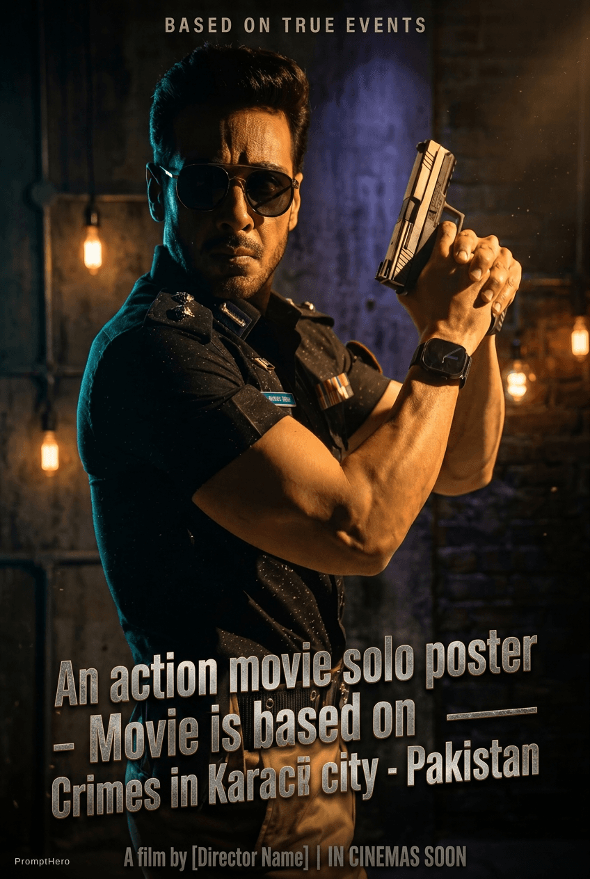 AI generated: An action movie solo poster - Movie is based on Crimes in Karachi city - Pakistan
