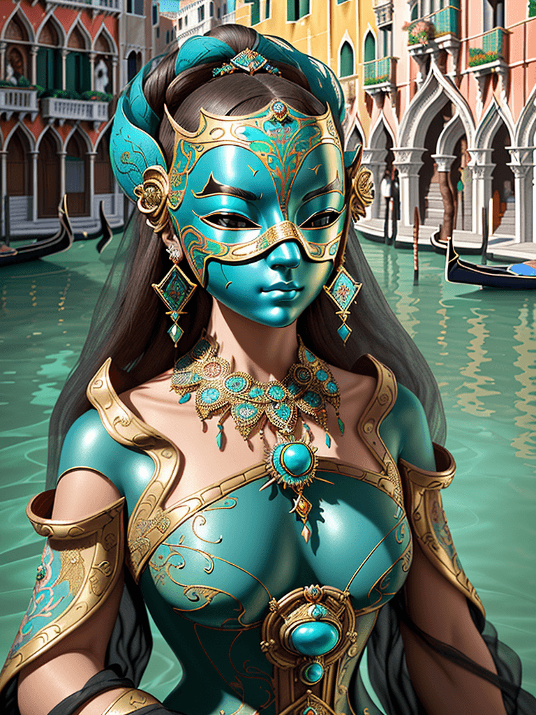 AI generated: a woman wearing an elaborate mask around her face, in the style of vray tracing, cloisonnism, turquo...