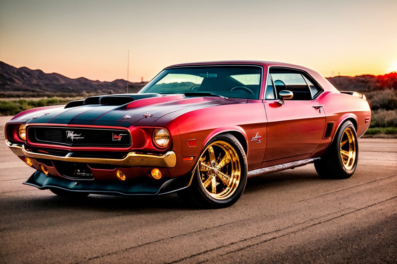 AI generated: photo red american muscle car, hyper realistic, golden hour, highly detailed, wide angle, Photoreali...