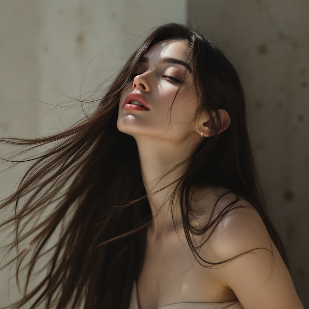 AI generated: A highly elegant woman with long flowing dark brown hair, her head tilted back in a three-quarter an...