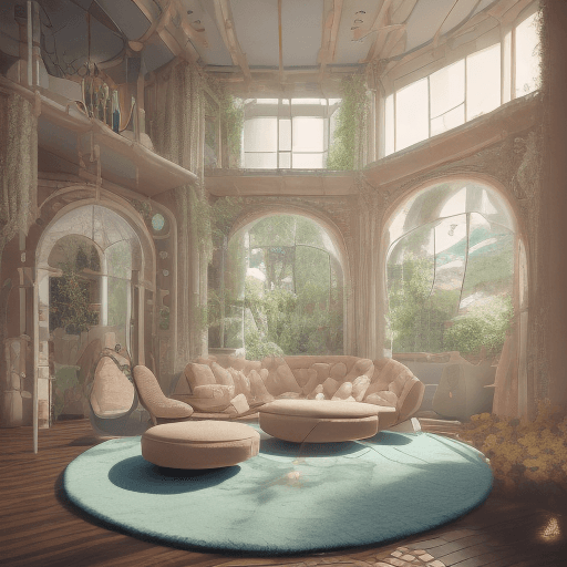 AI generated: High resolution photography interior design, dreamy sunken living room conversation pit, wooden floo...