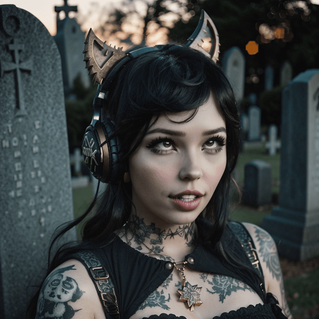 AI generated: (by_Dan_Winters,by_Russell_James), a photo of girl,punk goth style, wearing black headset,intricate ...