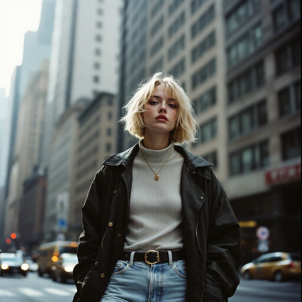 AI generated: Street style photo of a grunge style woman in the streets of 1990 Manhattan standing in front of a s...