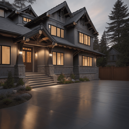 AI generated: craftsman house exterior, at dusk, the architecture should feature clean lines, large windows, indoo...