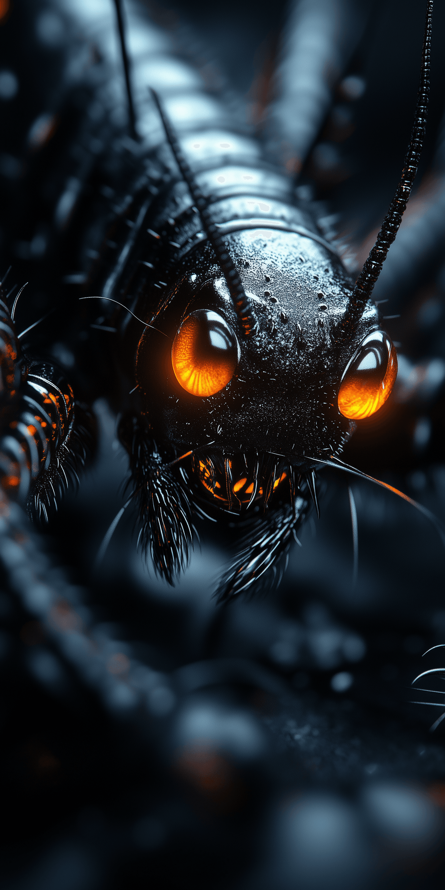 AI generated: A centipede with a black body and glowing orange eyes, captured in a close-up, macro photograph. The...