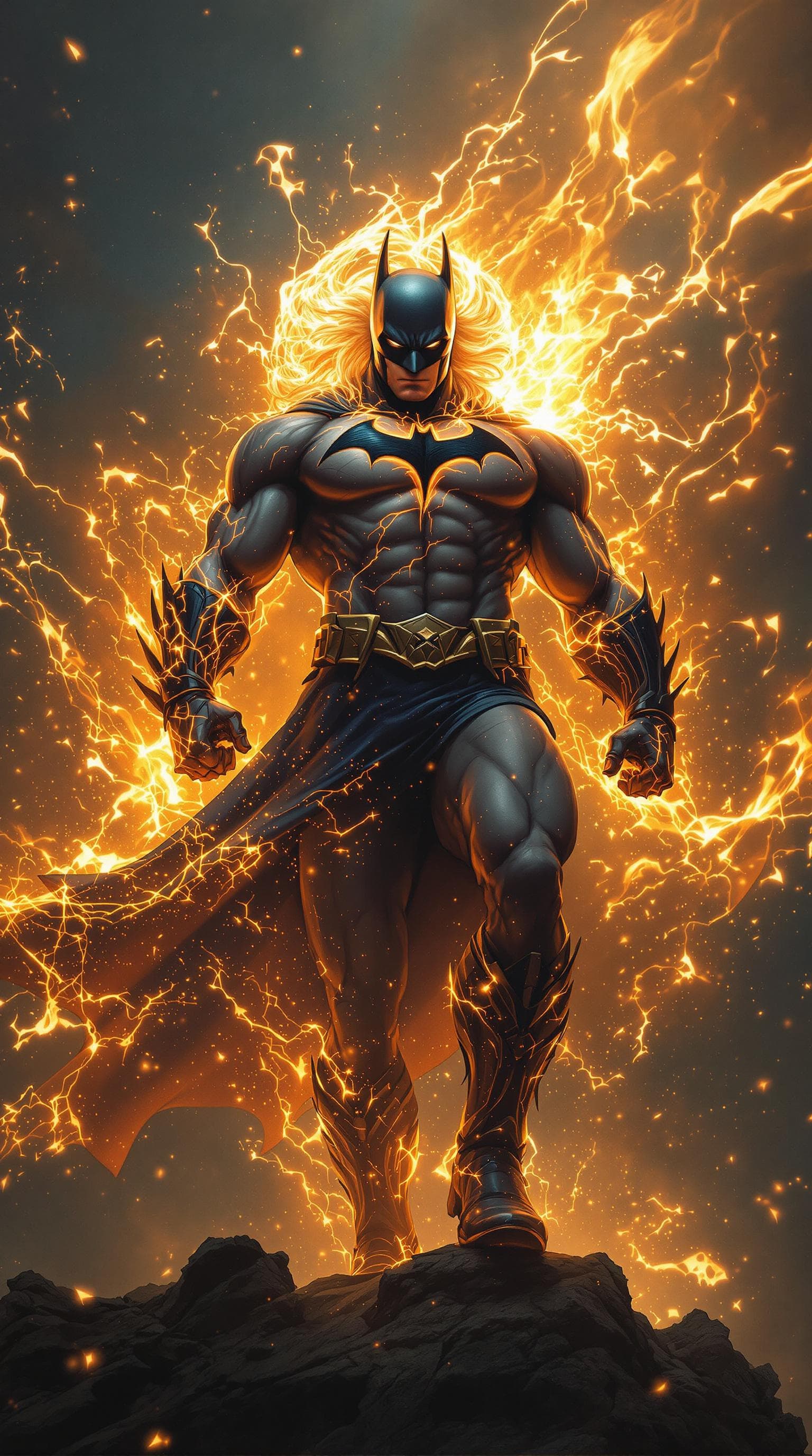 AI generated: "A fusion of Batman and Zeus, ultra-realistic, cinematic lighting, muscular physique, dramatic backg...