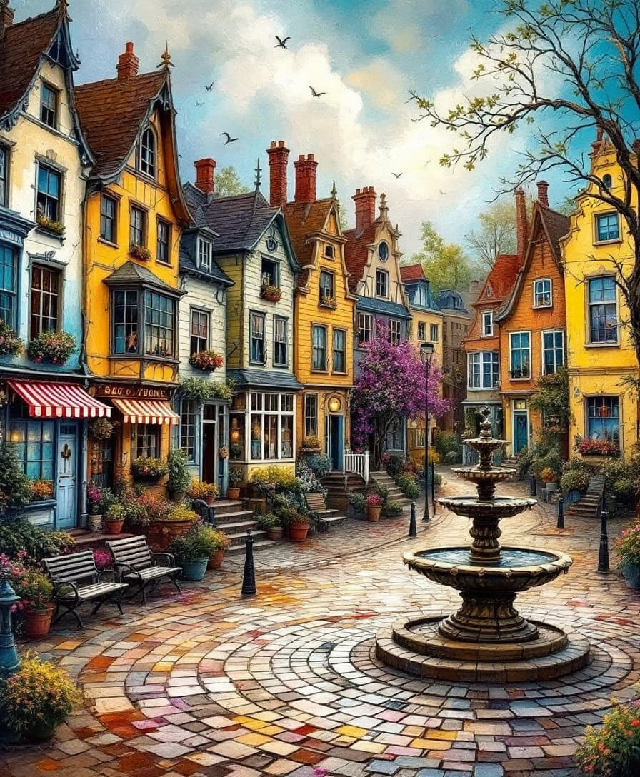 AI generated: painting of an old-fashioned town, happy, bustling, overcast, surrealism, town square with a small a...