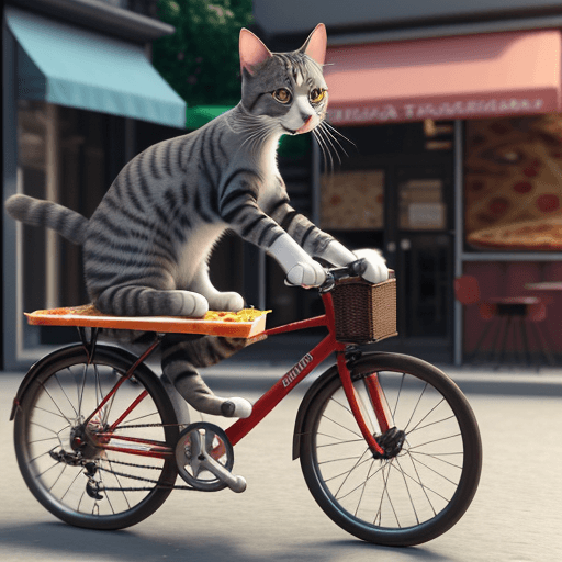 AI generated: A cat riding a bicycle with a pizza in hand,Realistic, 4k,hyperdetailed,octane render