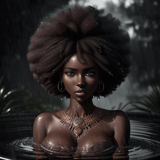 AI generated: An exquisite portrait of an African woman with deep ebony skin and a realistic afro hair bathing in ...