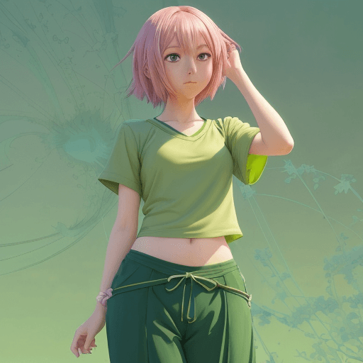 AI generated: anime girl in green shirt and zora pants explaining the image, by kanoka cos, anime visual of cute g...