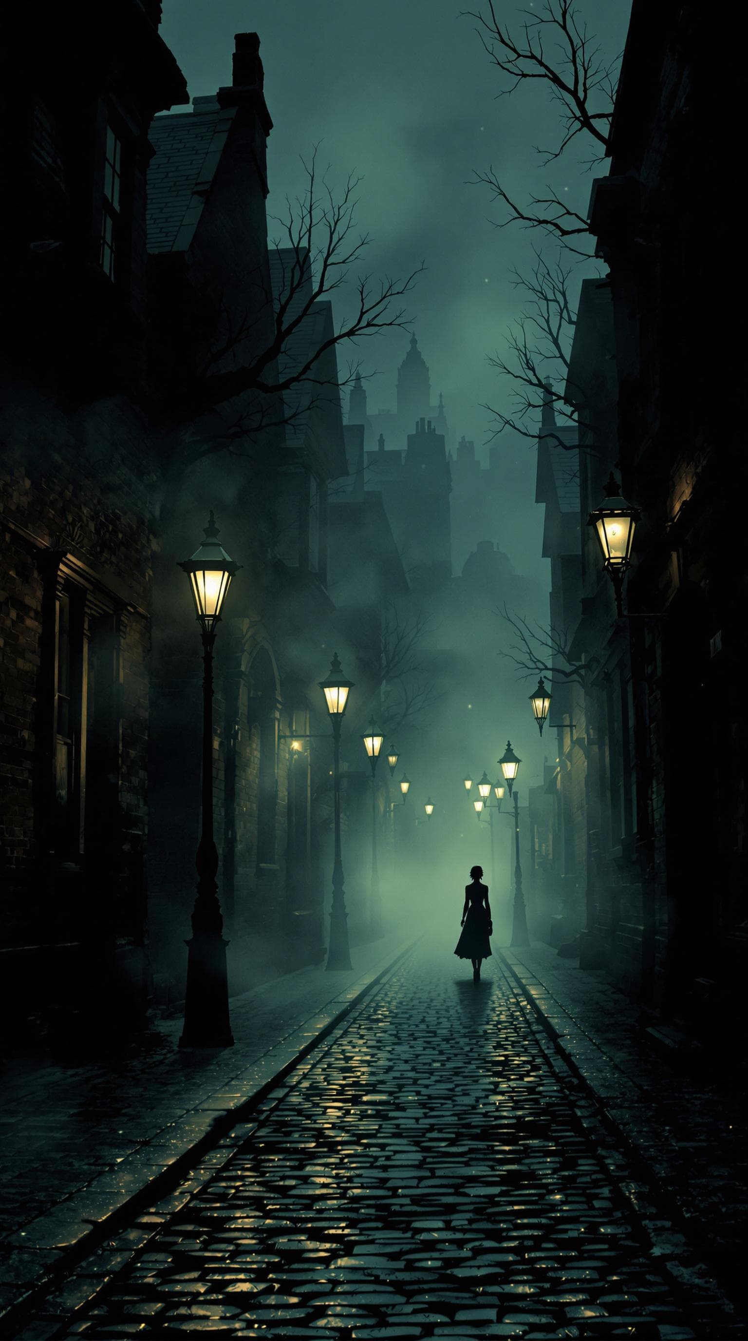 AI generated: An eerie and mysterious Victorian street scene in Richmond, London, shrouded in thick fog. Gas lamps...