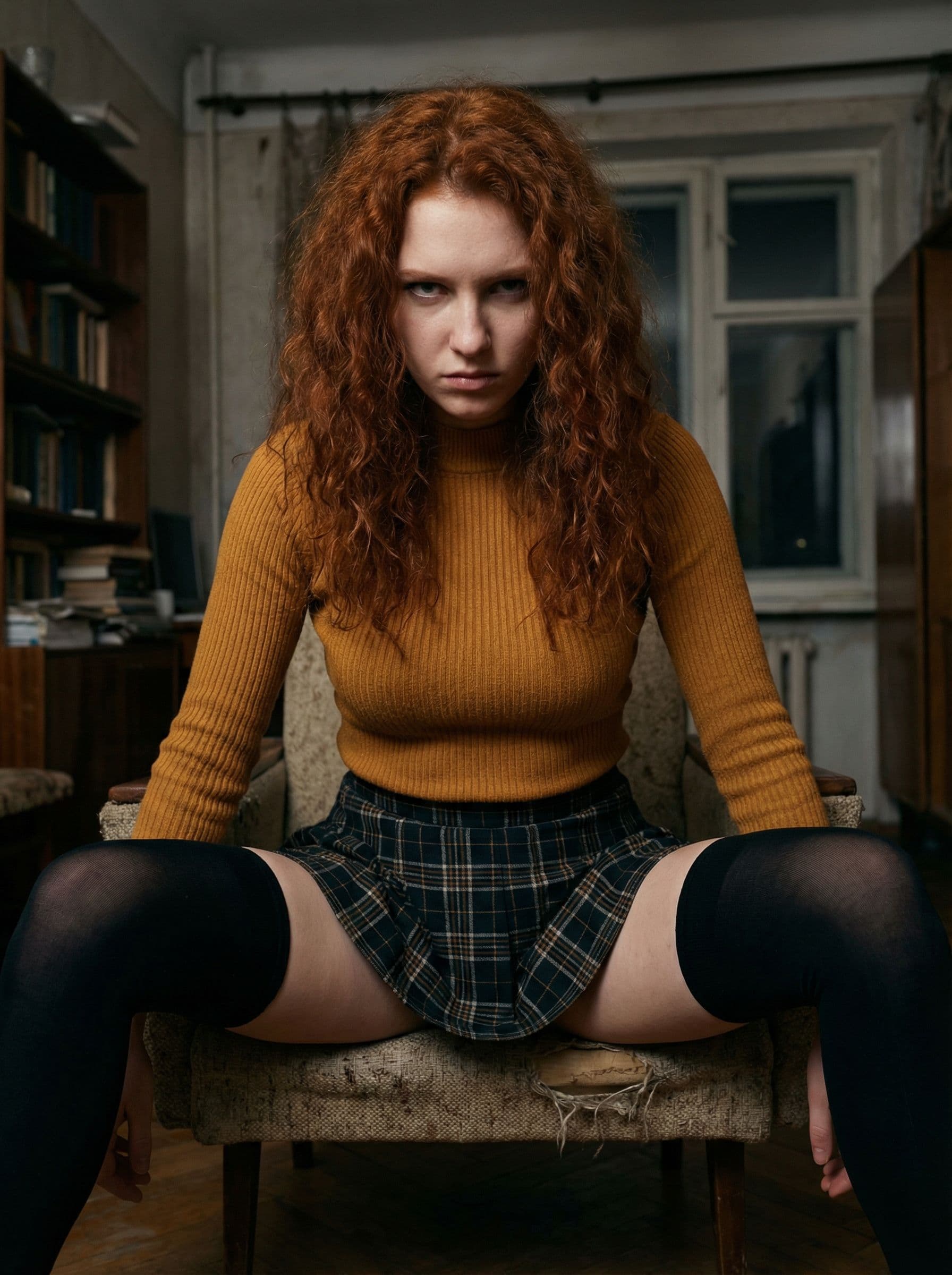 AI generated: Co-ed, 21, thicc, long curly unkempt red hair, tight ochre sweater, tight plaid skirt. thigh-high st...