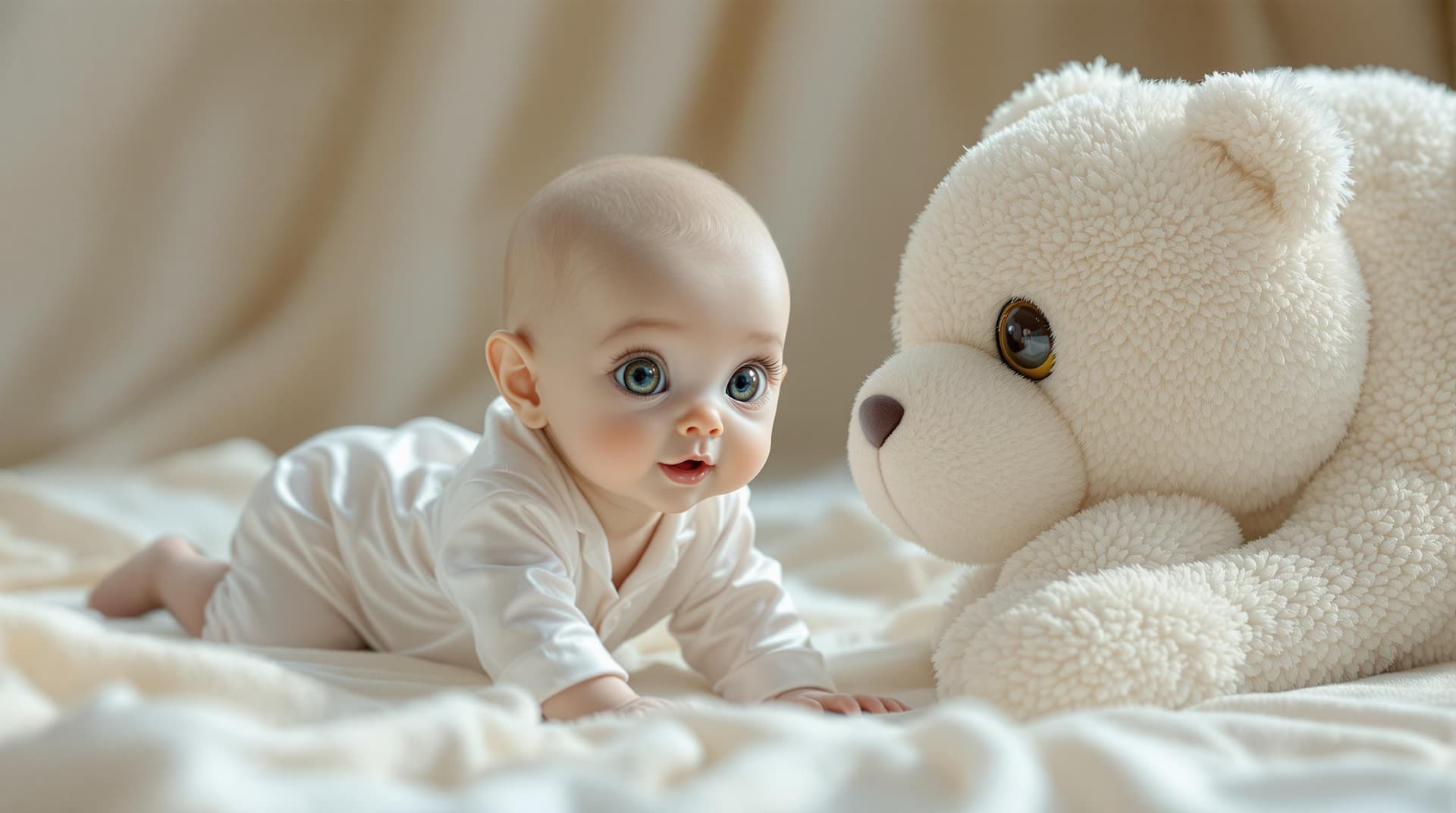 AI generated:  a beautiful and (cute alien baby ) with topaz color eyes, wearing a silk white adorable pyjamas, cr...
