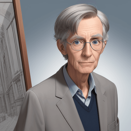 AI generated: Pixar style 80 years old architect professor, thin, blue eyes glasses, gray straight short hair brow...