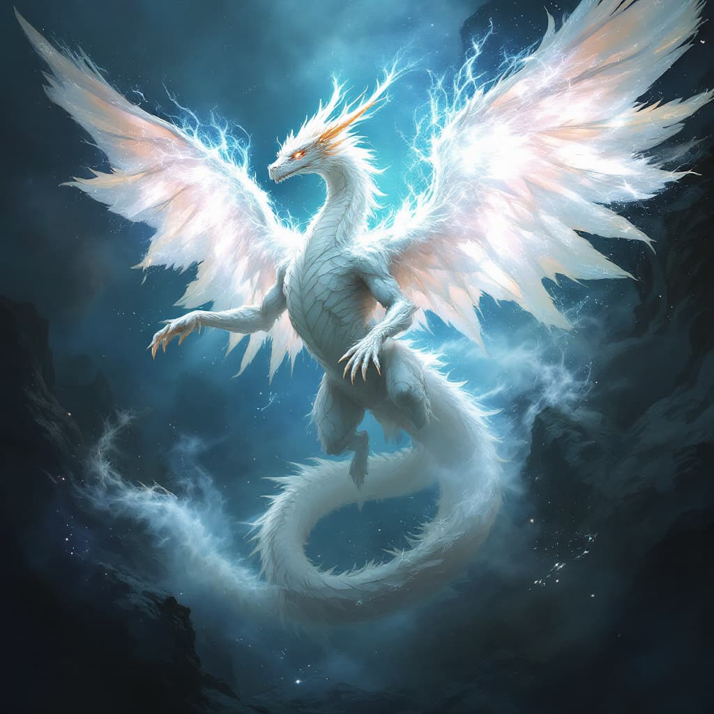 AI generated: Dragon humanoide blanco con alas de ángel, envuelto en un aura de energía y explotando