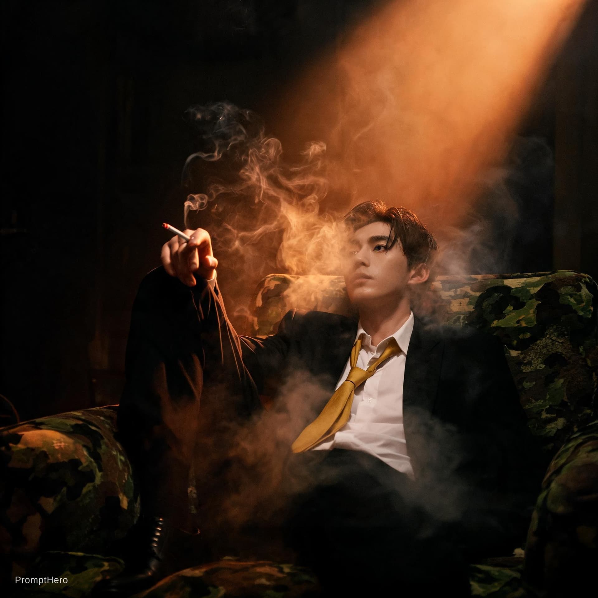 AI generated: photography, cover shoot, dimly lit room with a hazy atmosphere, capturing a professional male model...