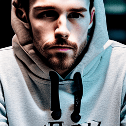 AI generated: photograph, white man model, streetwear style, wearing a black hoodie, wearing a cap made of iron, c...