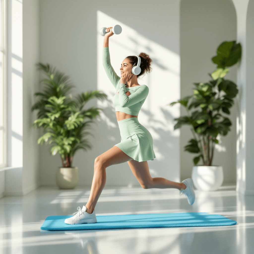 AI generated: A modern, bright indoor gym scene featuring a woman working out. She is positioned in a dynamic pose...
