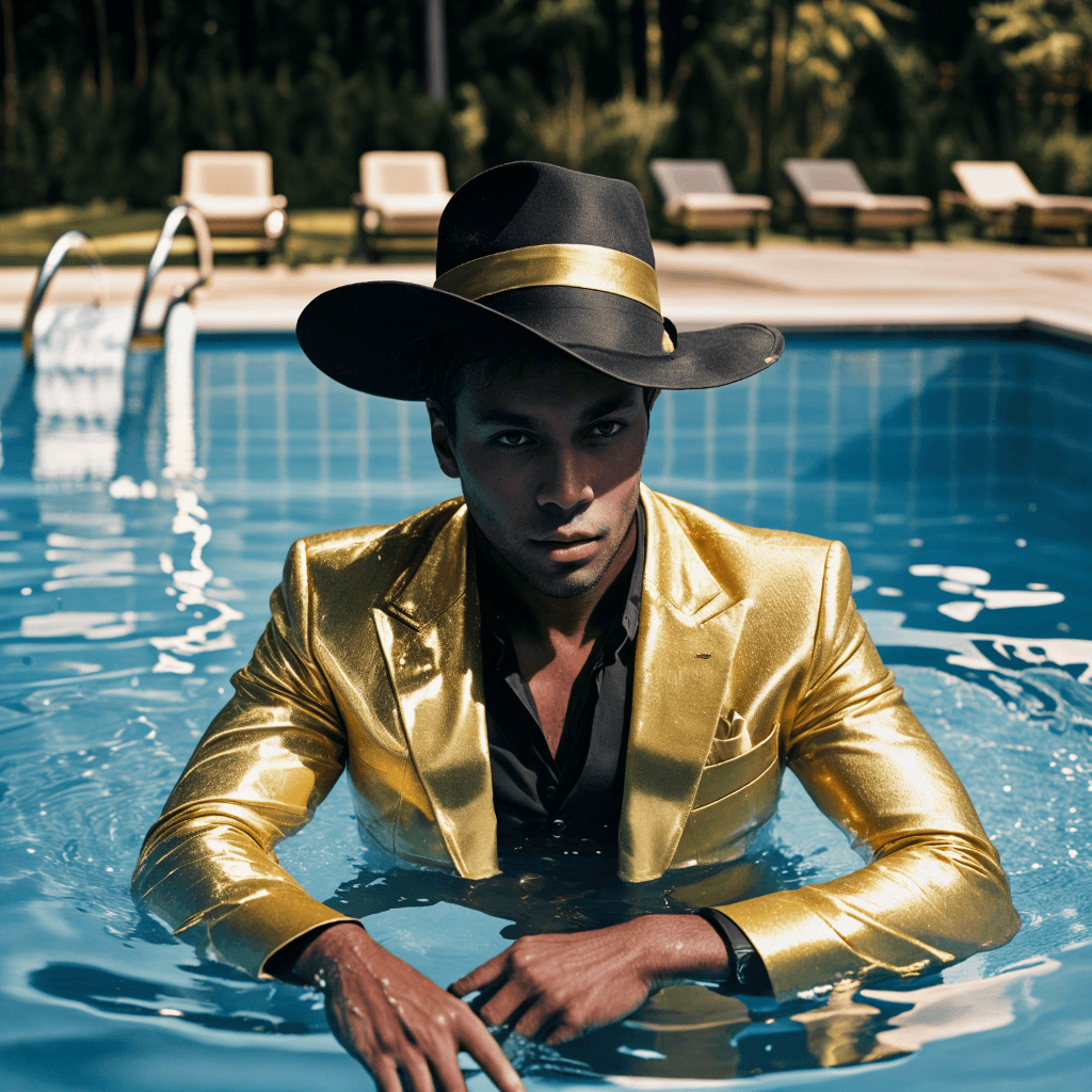AI generated: photo of a man wearing golden suit and black colored cylinder hat  sitting in a pool emerging from a...