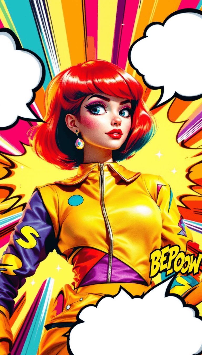 AI generated: A bold and colorful character with vibrant red hair styled into a stylized bob. Her eyes are large a...