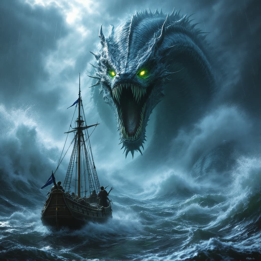 AI generated: A cinematic fantasy scene of a colossal sea serpent emerging from the stormy ocean, designed with **...
