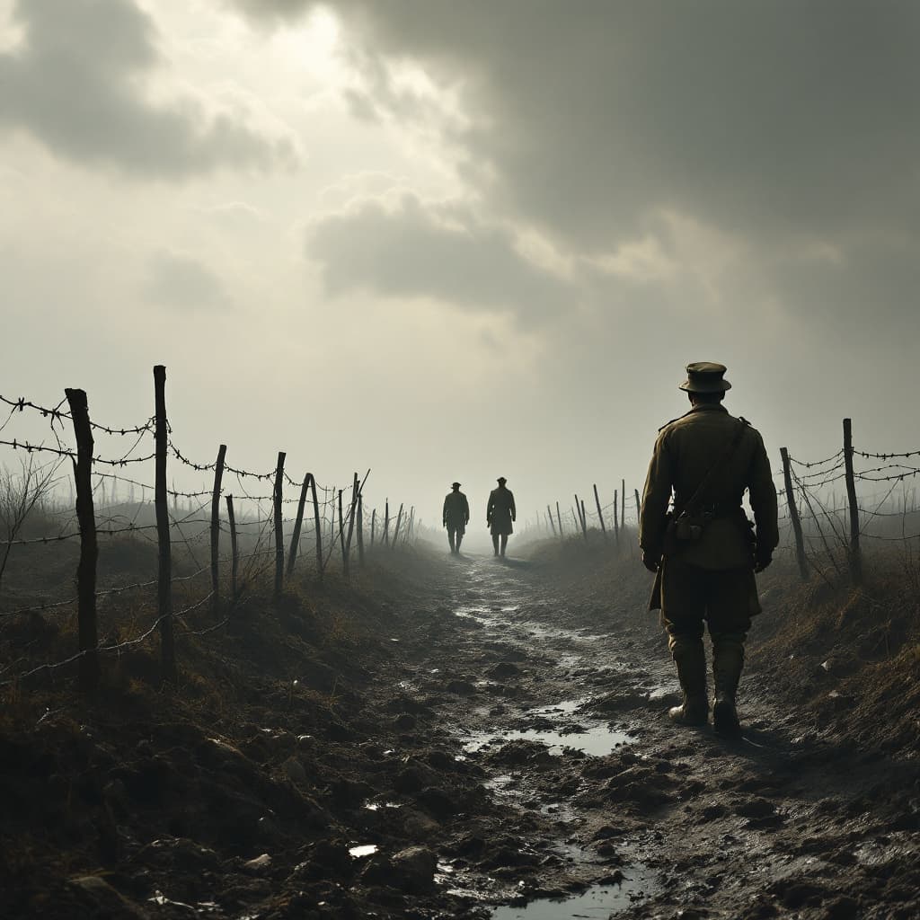 AI generated: Create a WWI no-mans land scene: a barren, war-torn landscape under a foreboding, gray cloudy sky, w...