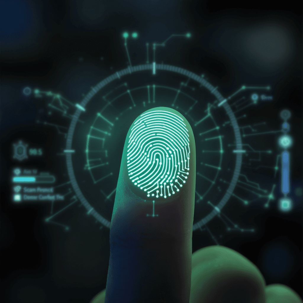 AI generated: a human fingertip illuminated by a soft green neon glow, revealing a complex, holographic circuit pa...