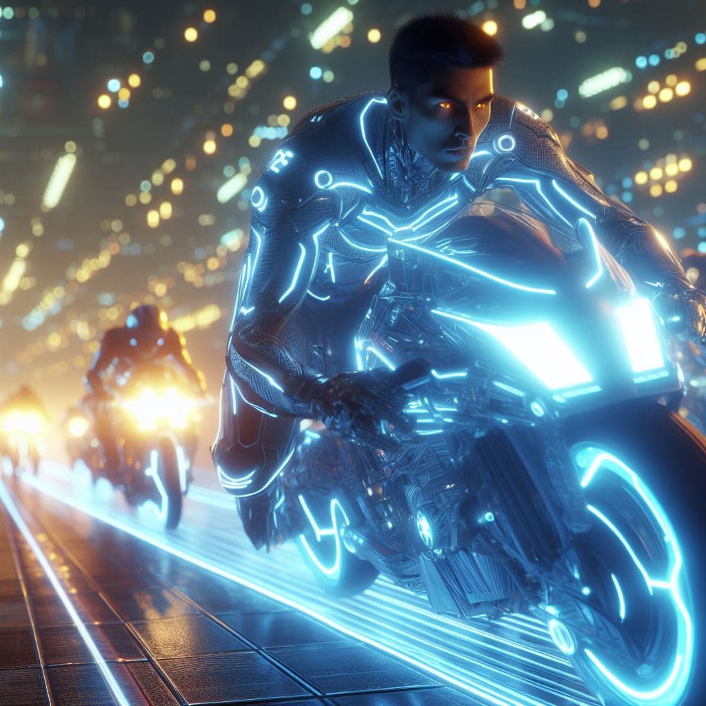 AI generated: A light racer(motorcycle) racing against other light racers in the grid in the world of Tron,highly ...