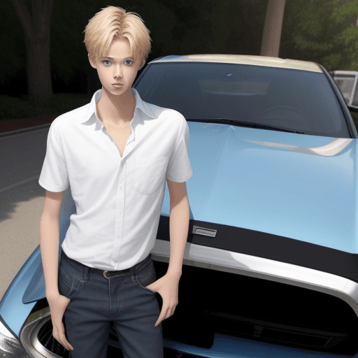 AI generated: A guy, born in 2002, tall, blond hair, blue eyes, has a car, very , handsome, realistic body proport...