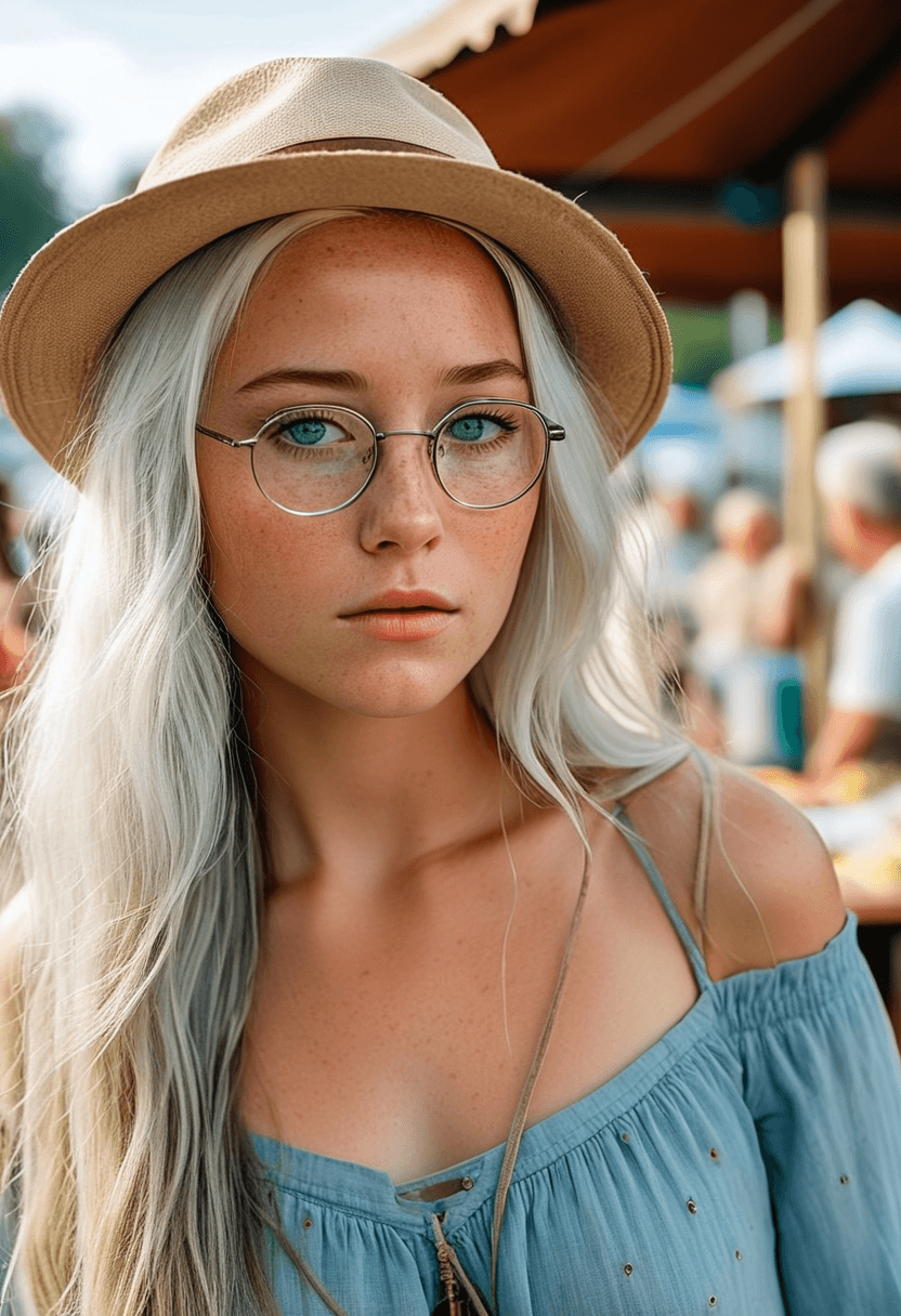 AI generated: breathtaking beautiful European woman, long ash-white hair, (freckles:1.1), light-blue eyes, staring...