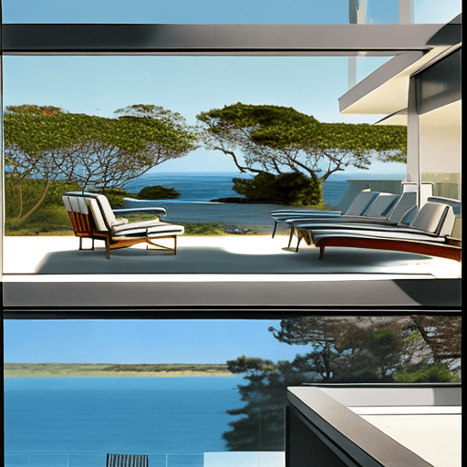AI generated: Hyper realistic eye level exterior photo of a mid century modern style house overlooking the ocean, ...