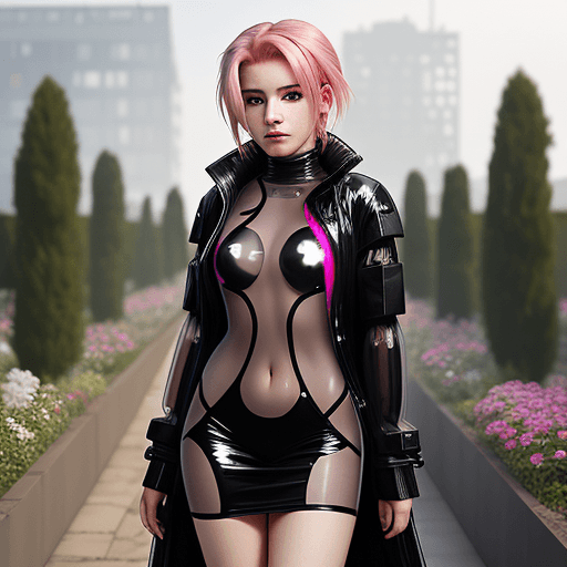 AI generated: beautiful 18 year old girl , with pink hair, with black eyes , tight coat , transparent dress , visi...