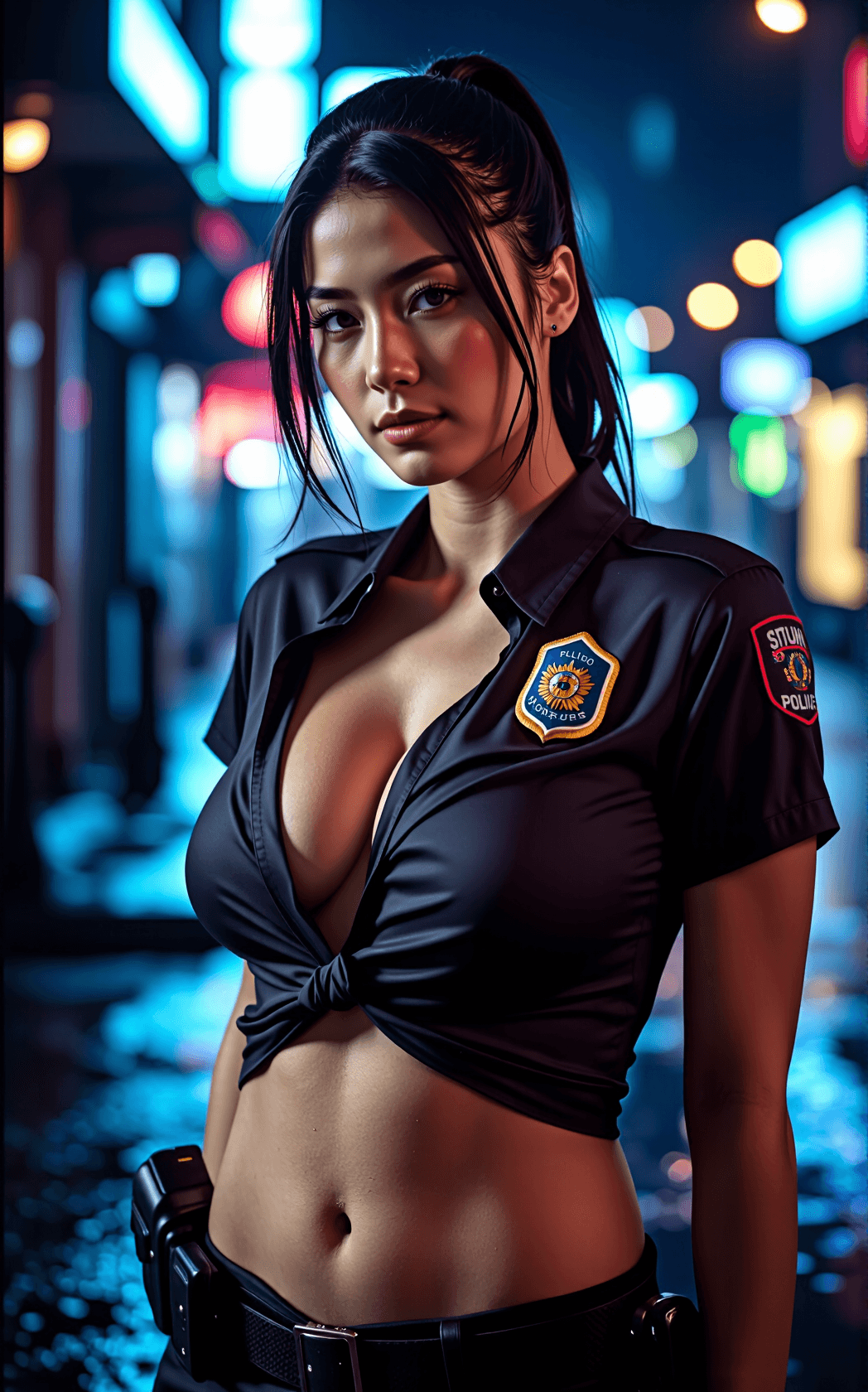 AI generated: Erotic, seductive, sensual documentary-style photograph of a female police officer in a fantasy fair...