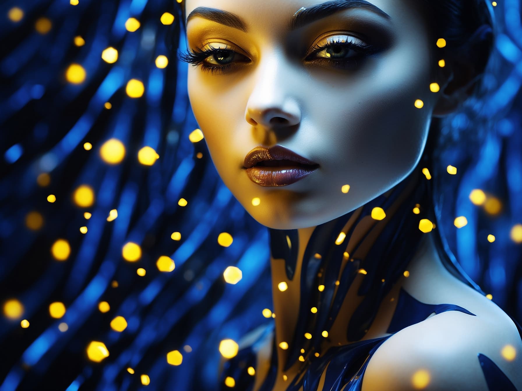 AI generated: a woman with a blue dress and yellow lights on her face, an airbrush painting by Otto Pilny, behance...