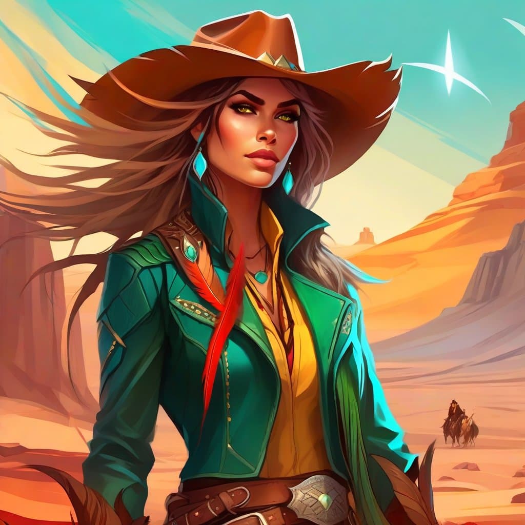 AI generated: A portrait of a western style poster of a stunning native female, slight cyan/green cast, desert lan...