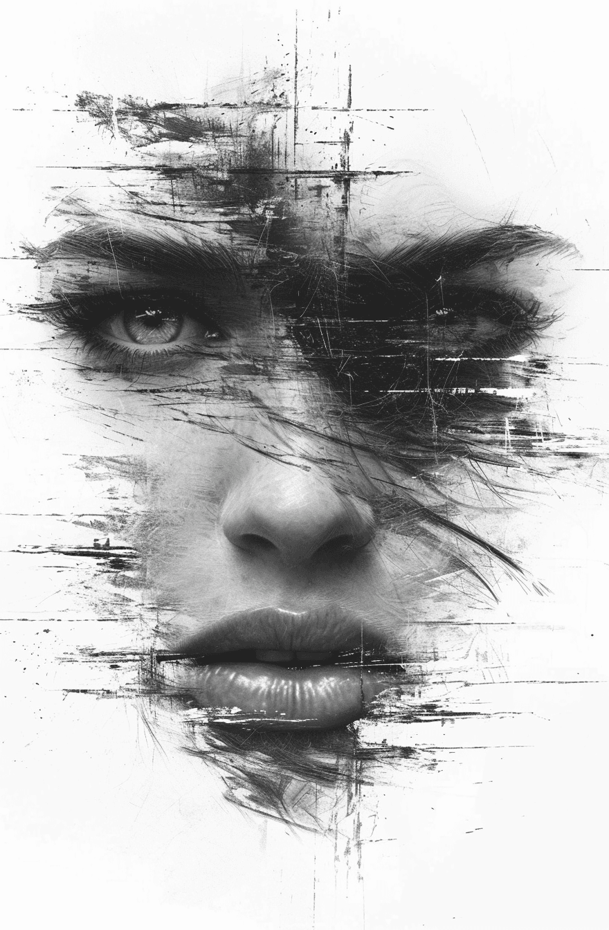 AI generated: a black and white painting of woman's face, in the style of messy, zbrush, i can't believe how beaut...