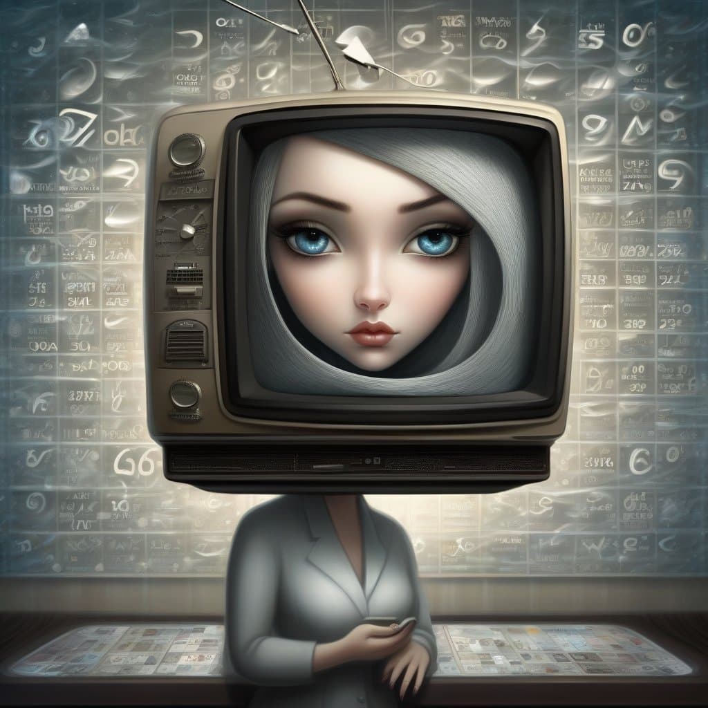 AI generated: A female meteorologist, forecast in a television newsroom, caricature, sharp, detailed eyes. Backgro...