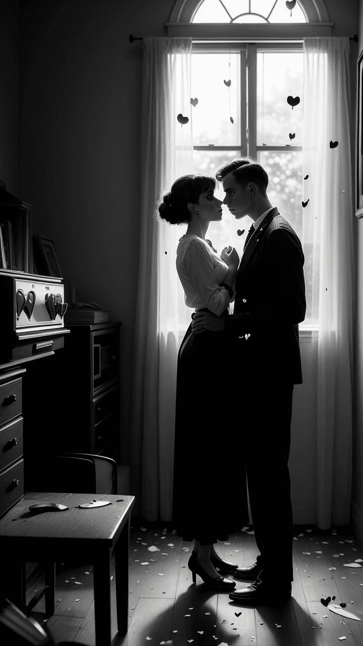 AI generated: ((Vintage photography)), ((black and white)), ((sad couple)), ((dimly lit room)), ((heartbreak:1.5))