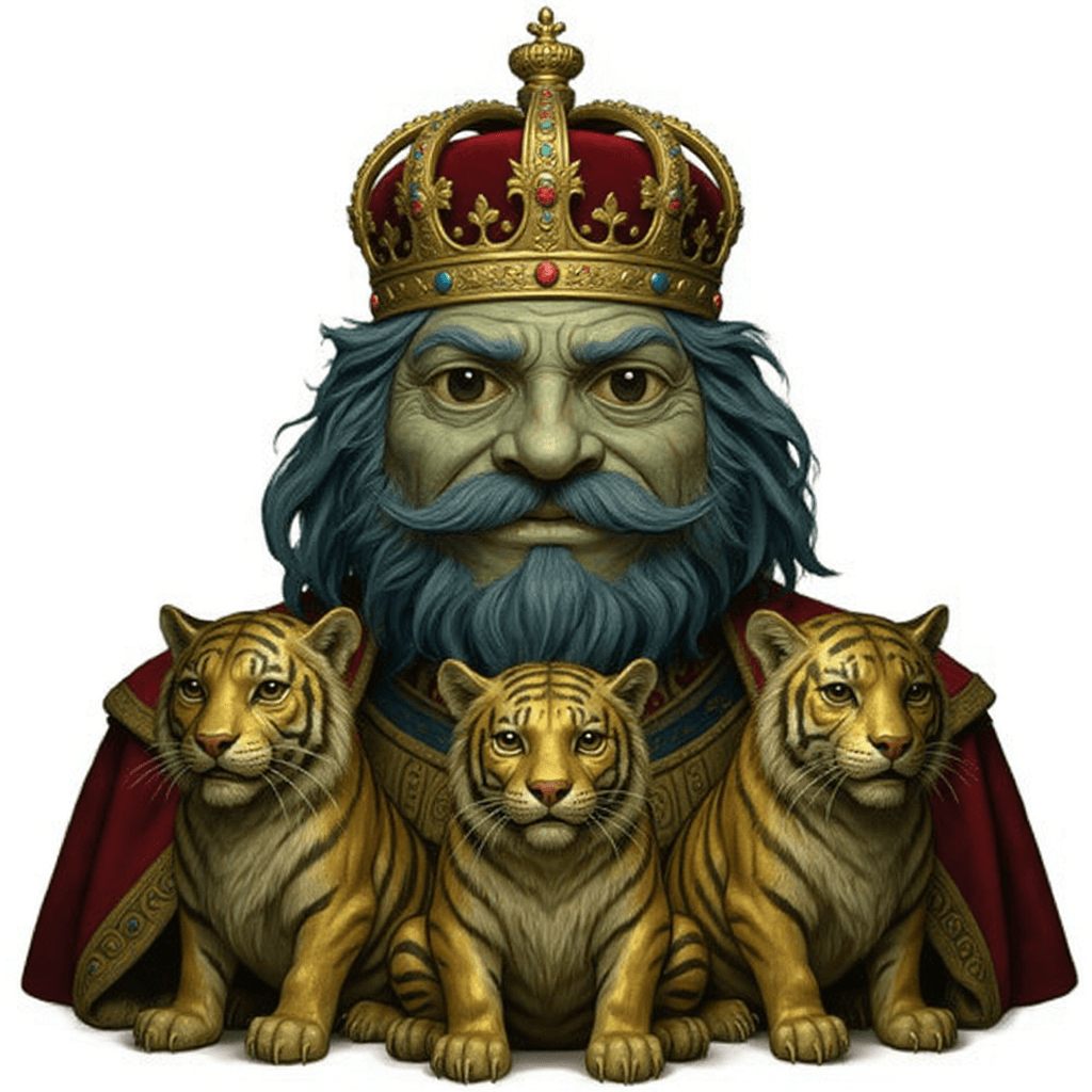 AI generated: can you make this charcter the tzar of Russia? it also owns three golden tigers