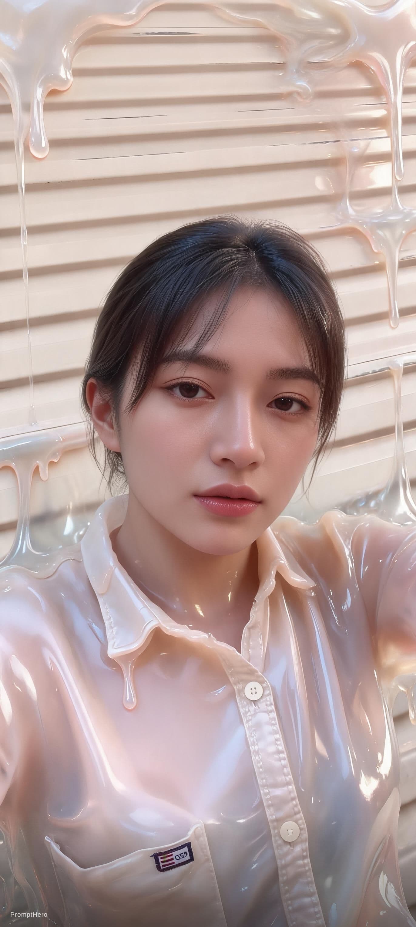 AI generated: an Asian woman, in the style of light amber and pink, blurred imagery, shiny/glossy, melting, drugco...