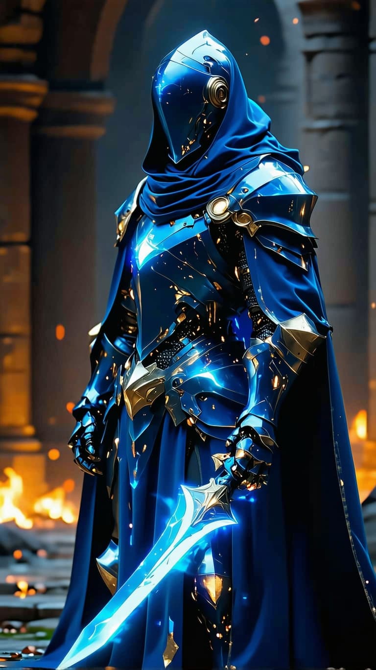 AI generated: medieval knight cybernetic mage with cool robes and glowing weapon, sci-fi, photorealistic, cinemati...