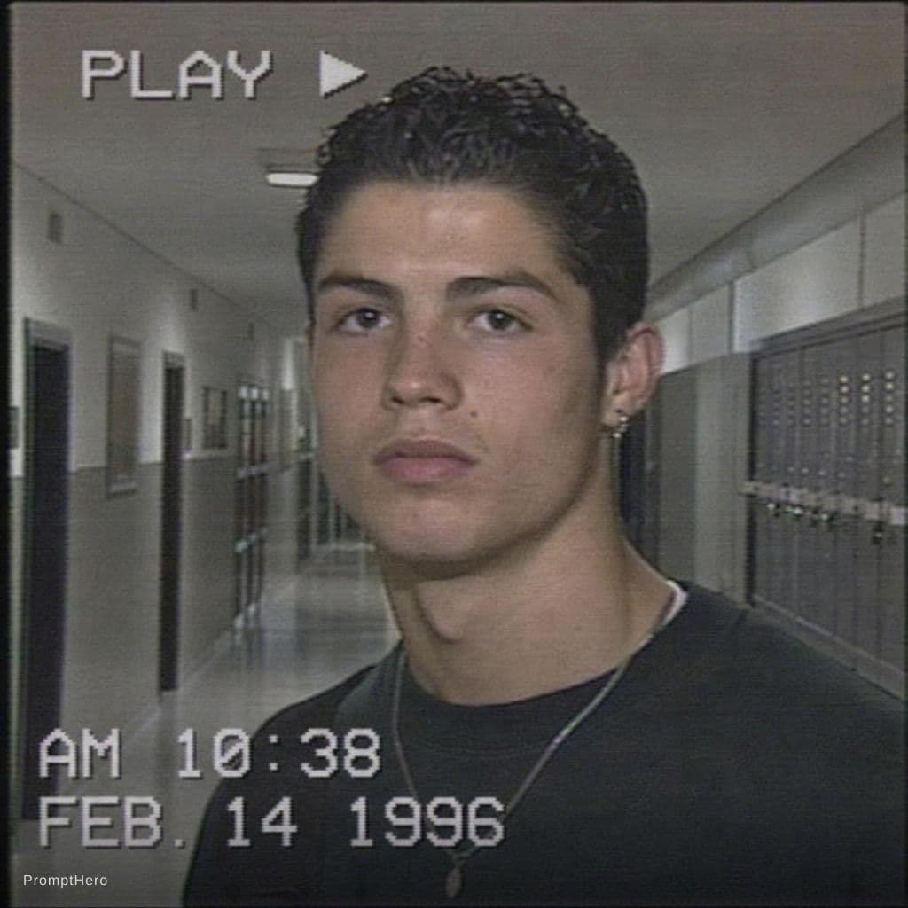 AI generated: Image of Cristiano Ronaldo from a VHS camcorder recorder in a highschool in Feb of 1996. Same grain ...