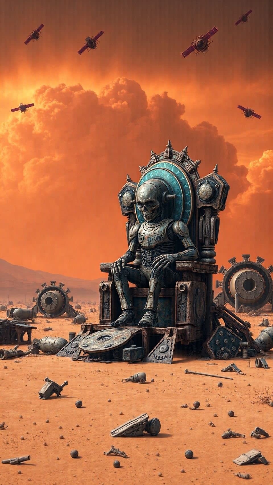 AI generated: A rusted humanoid robot, its joints creaking with age, sits alone on a crumbling throne of scrap met...