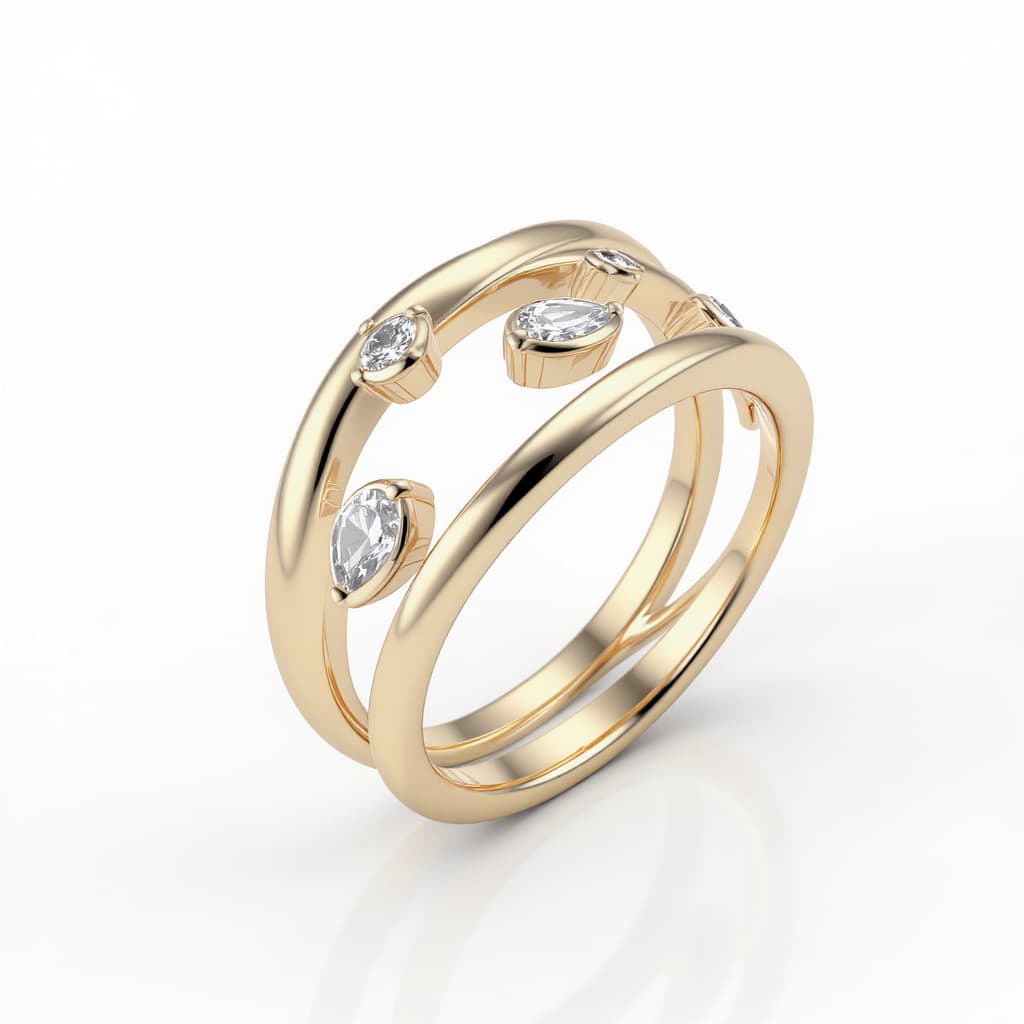 AI generated: Luxury contemporary fine jewelry ring design featuring a fluid openwork silhouette composed of elega...