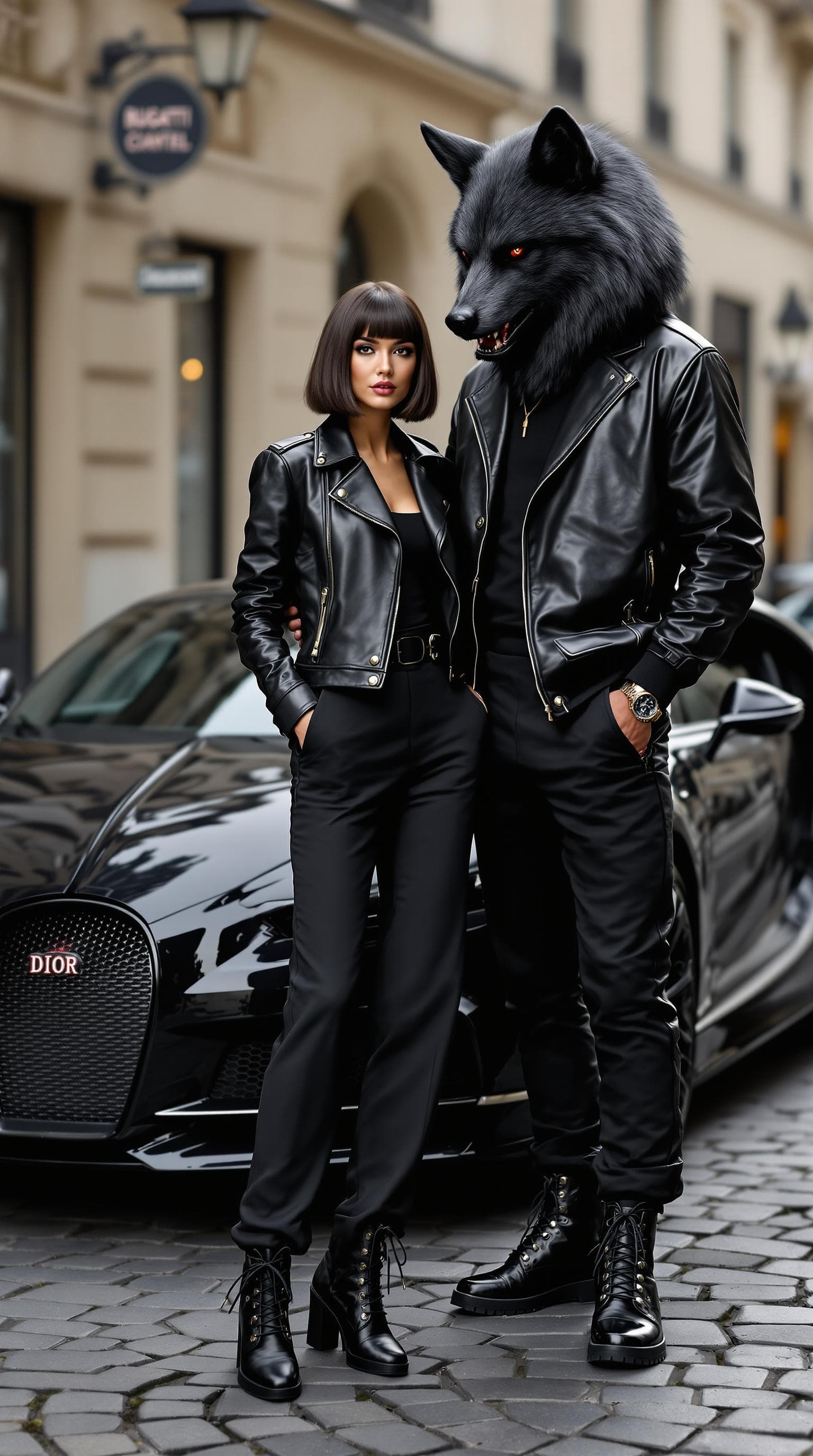 AI generated: A chic woman with a bob haircut, dressed in a Saint Laurent leather jacket, high-waisted black slack...